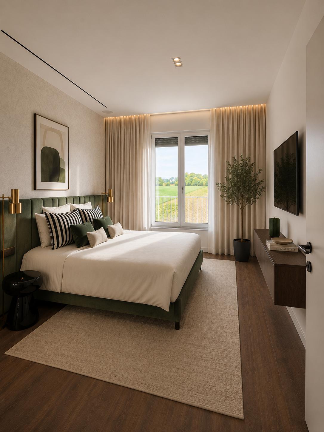Schlafzimmer mit grünem Boutique-Bett und Ausblick in die Weingärten