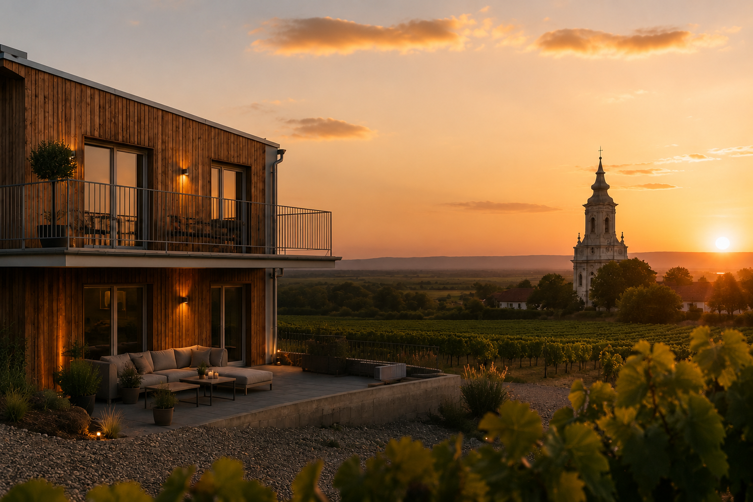 Terrasse zur Golden Hour mit Blick auf Weingärten und Pfarrkirche Mönchhof