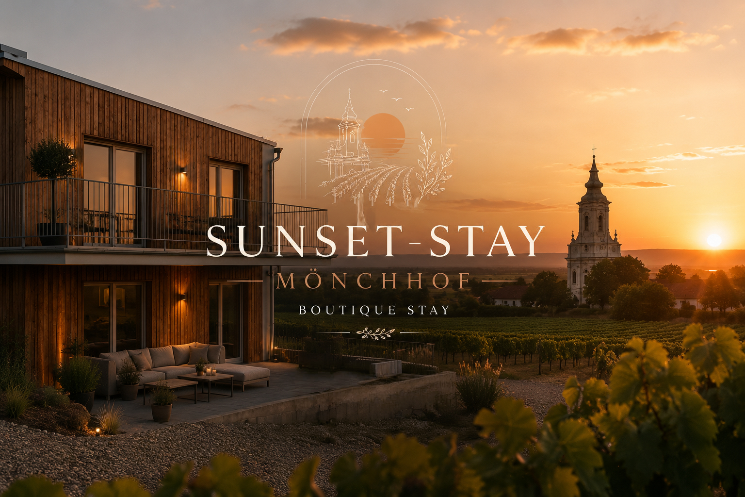 Sunset-Stay Mönchhof – Boutique Stay bei Sonnenuntergang mit Blick auf Weingärten und die Pfarrkirche Mönchhof